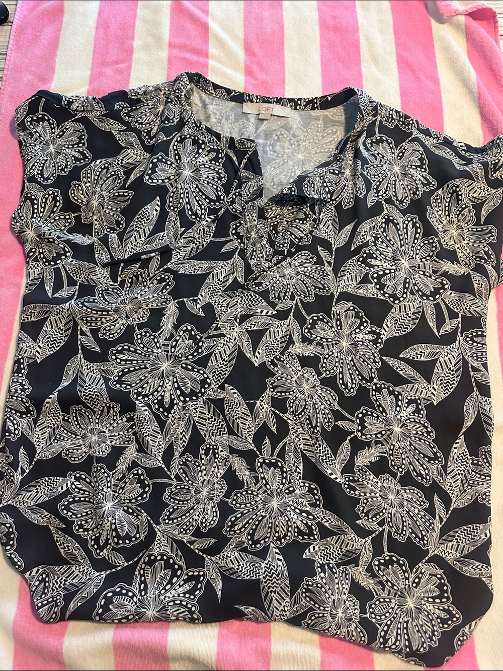LOFT Grey Blouse with White Floral Print